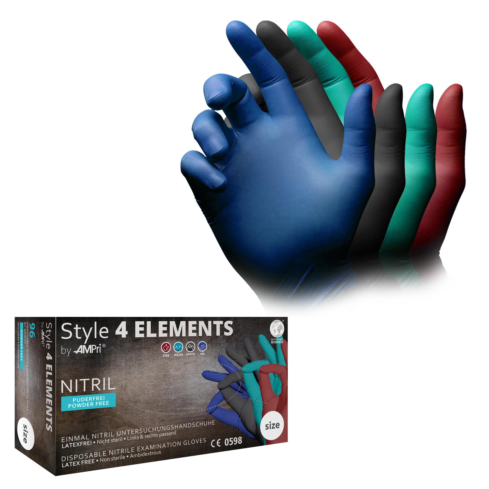 Nitrilhandschuhe Style 4 Elements – Farbmix (Anthrazit, Bordeaux, Dunkelblau, Petrol), puderfrei, 96 Stück-M