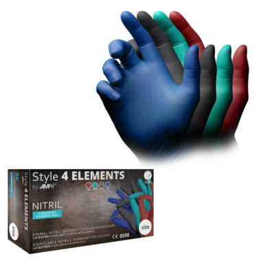 Nitrilhandschuhe Style 4 Elements – Farbmix (Anthrazit, Bordeaux, Dunkelblau, Petrol), puderfrei, 96 Stück